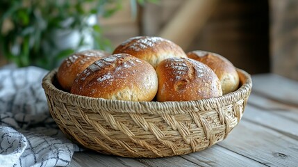 Warm, crusty bread rolls in a rustic wicker basket on a wooden table.