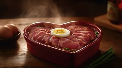A heart-shaped bowl of steaming hot ramen with sliced pork, boiled egg, and green onions on a wooden table