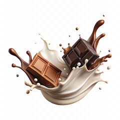 abstract 3d milk and chocolate splashes against each other isolated on white background