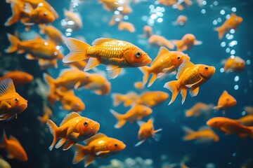 Fototapeta premium Vibrant Orange Goldfish School Swimming in Blue Aquarium Water