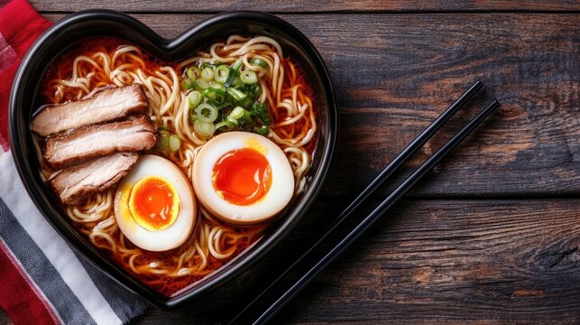 A heart-shaped bowl of steaming hot ramen with sliced pork, boiled egg, and green onions on a wooden table - Powered by Adobe
