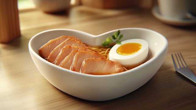 A heart-shaped bowl of steaming hot ramen with sliced pork, boiled egg, and green onions on a wooden table