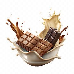 abstract 3d milk and chocolate splashes against each other isolated on white background