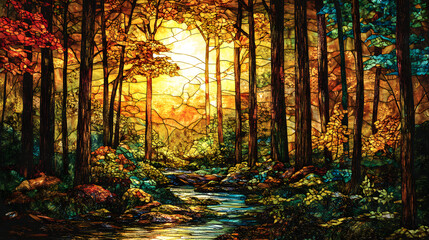 Fototapeta premium Nature's Sanctuary in Stained Glass: A Forest Bathes in Golden Radiance