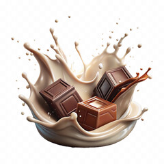 abstract 3d milk and chocolate splashes against each other isolated on white background