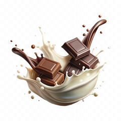 abstract 3d milk and chocolate splashes against each other isolated on white background