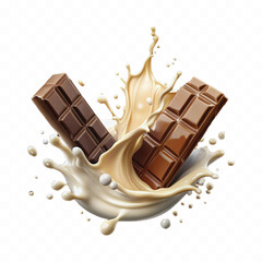 abstract 3d milk and chocolate splashes against each other isolated on white background