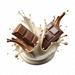 abstract 3d milk and chocolate splashes against each other isolated on white background