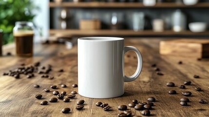 White coffee mug on wooden table with coffee beans.