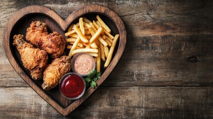 A heart-shaped wooden tray with crispy fried chicken, fries, and dipping sauce on a rustic background