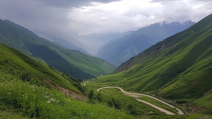 Naklejka premium A high-altitude mountain road covered in greenery, curving sharply around the steep hillsides