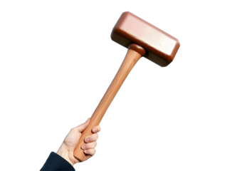 Hand Holding A Wooden Hammer Against A Transparent Background Isolated Photo of a Man's Arm Gripping the Brown Hammer Tool