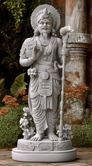 Obraz premium Intricate statue of a deity adorned with traditional attire in a lush garden setting during daylight