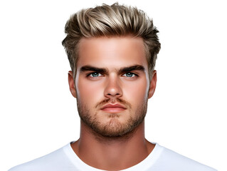 Fototapeta premium Handsome Blonde Man Portrait Headshot Isolated On Transparent Background Studio Shot Modern Caucasian Male Model With Light Hair And Confident Serious Face Expression Close Up Shot