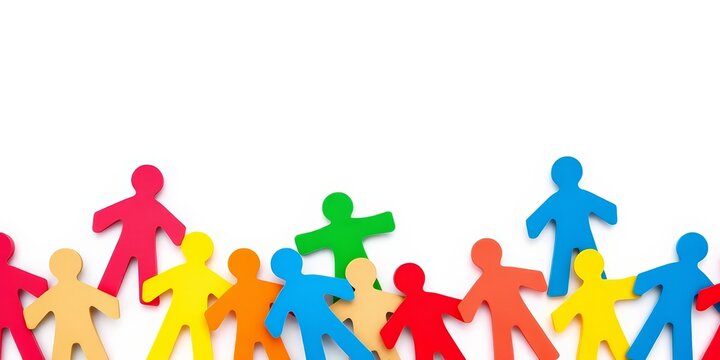 Interlocking colorful paper chain figures on pure white backdrop, handmade craft, vibrant