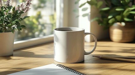 White mug of tea on wooden desk near window, sunlight, plants, notebook, pencils.