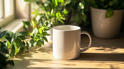 White mug on wooden surface near window with sunlight and plants.