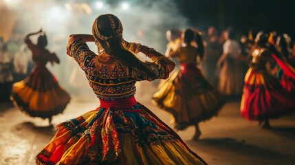 Fototapeta premium Colorful Traditional Dance Performance During a Cultural Festival at Night with Spinning Dancers