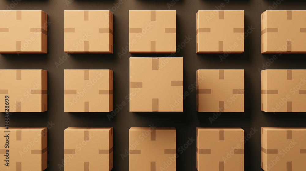 Poster seamless arrangement of cardboard boxes dark background, showcasing various sizes and shapes, creati