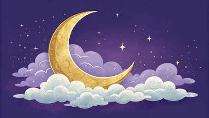 digital illustration featuring crescent moon surrounded by fluffy clouds and twinkling stars, creating serene and magical night sky
