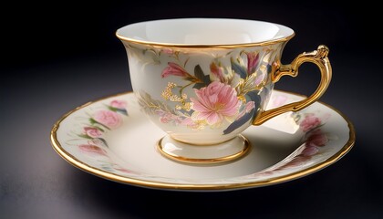 Intricately Painted Rococo Tea Cup and Saucer with Gold Trim Accents