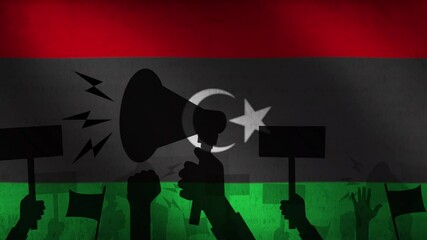 People protesting in Libya concept background 4k animation with waving flag in the backdrop