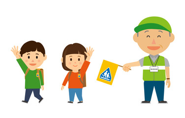 安全な横断シルバーと小学生