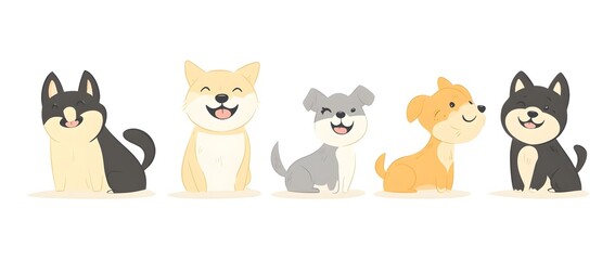 Cute dogs doodle vector set. Cartoon dog or puppy characters design collection with flat color in different poses. Set of funny pet animals isolated on white background.