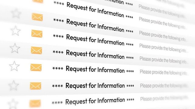Request for Information email scrolling on the screen 4k animation with message..