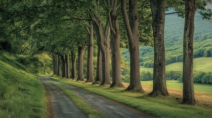 A peaceful backroad lined with towering pine trees, surrounded by green mountain slopes