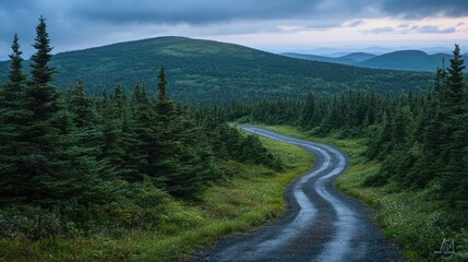 Fototapeta premium A peaceful mountain road running through a dense canopy of green trees and wild vegetation