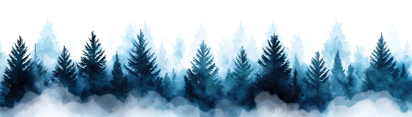 Fototapeta premium serene foggy forest landscape featuring tall evergreen trees varying shades of blue and gray, evoking sense of tranquility