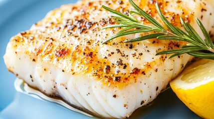 Juicy grilled fish steak garnished with fresh herbs and lemon slice, showcasing delicious and appetizing meal