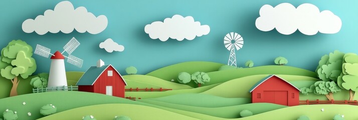 Charming rural landscape featuring paper cut style barns, windmills, and rolling green fields under fluffy clouds in a warm countryside setting