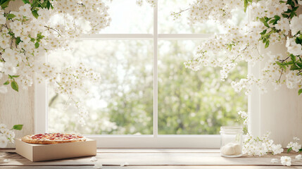 Pizza by the Window:A still-life captures the serene moment of a pizza box by the window, decorated with lush, fragrant blossoms, suggesting a light meal in a bright day.