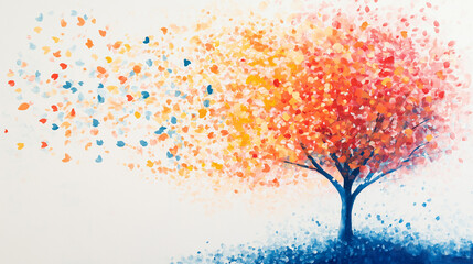 Vibrant Tree of Change: Capturing the essence of transition with an abstract image of a tree shedding colorful leaves, evoking feelings of renewal, change, and growth.