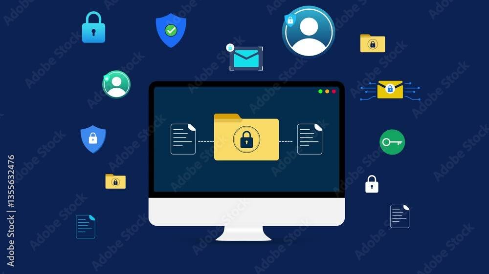 Poster secure file sharing and encrypted data transferring concept 4k animation with computer screen in the