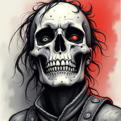 Digital artwork depicting a sinister skeleton with glowing eyes, detailed cracks, and a dark aura. Ideal for themes of mystery, horror, fantasy, or Halloween-centric designs