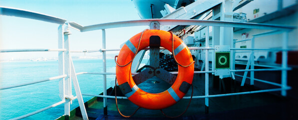 Panoramic view of a life saver on the transcontinental Ferry from Algeciras, Spain to Tangier, Morocco.