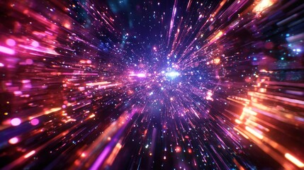 Fototapeta premium HyperSpace Jump: A vibrant journey through the cosmos, showcasing dazzling light streaks and cosmic dust. Witness the mesmerizing speed and energy of interstellar travel.