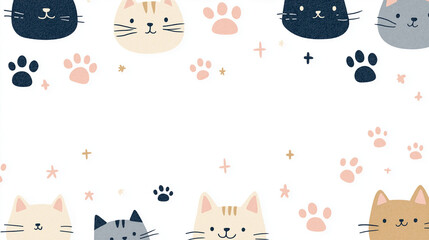 Cute Cat Illustration: A delightful collection of illustrated cats and paw prints decorate, create a whimsical and charming design with a playful aesthetic.