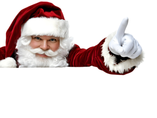 Isolated Photo Of Smiling Santa Claus With Red Outfit Pointing Up With White Glove And Beard On Transparent Background
