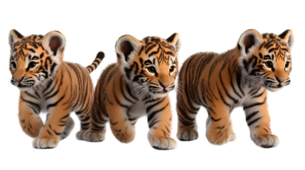 Isolated Photo of Three Tiger Cubs Adorable Cute Wild Animal Together