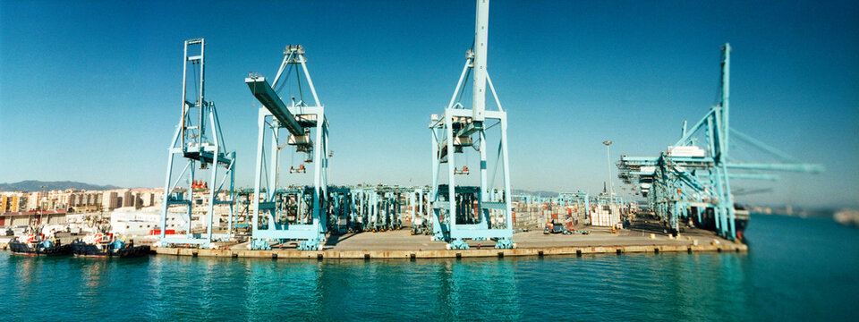 Panoramic view of docks on the Spain side of the transcontinental Ferry from Algeciras, Spain to Tangier, Morocco.