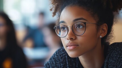 Thoughtful Young Woman with Glasses in a Classroom Setting Showing Concentration and Curiosity