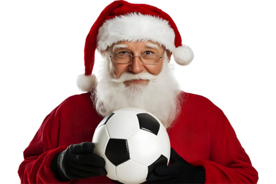 Isolated Santa Claus Holding Football Transparent Background Illustration Full Length Portrait Smiling in Red Outfit and White Beard with Black and White Ball optimized Adobe Stock Photo