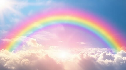 A surreal sky with an oversized vibrant rainbow arching through soft clouds