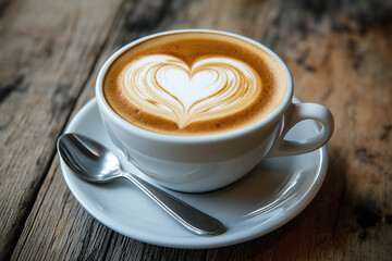 Fototapeta premium Cup of cappuccino with heart latte art on a wooden table, close-up view