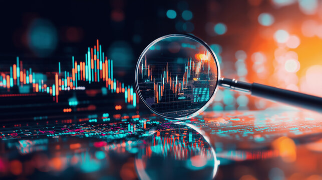 Decoding the Data: A magnifying glass focuses on complex financial charts, revealing intricate patterns and trends, against a backdrop of digital illumination.