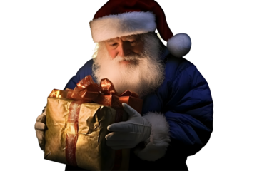 Photo Of Santa Claus Holding A Gold Wrapped Christmas Gift Box With Red Ribbon And Bow Isolated On Transparent Background Illuminated With Low Key Lighting